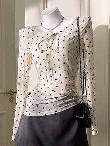 Muvela 春夏新款复古学院风黑白波点圆领套头衫，腰部系带褶皱设计，网纱面料，优雅嘉年华派对时尚可爱都市通勤办公女装 - 白色 - 查看 1