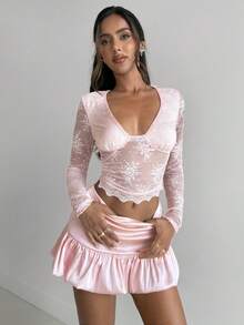 Aloruh Women's Elegant Sexy Romantic Lace Patchwork Tight Waist Top, Suitable For Valentine's Day, Dates, Outings, Gatherings, Spring/Summer - Pink - View 7