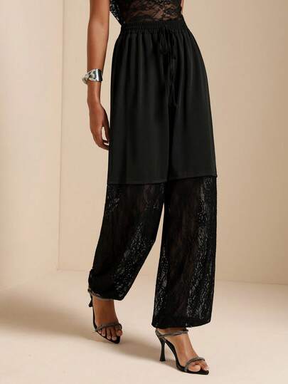 Vesra Women's Solid Color Contrast Lace Ankle Length Pants