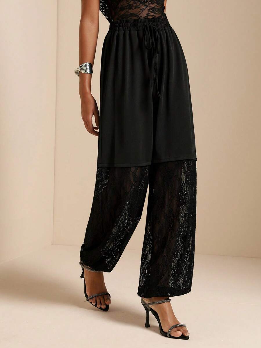 Vesra Pantalones de longitud hasta el tobillo de unicolor con encaje de contraste para mujer - Negro - Ver 1