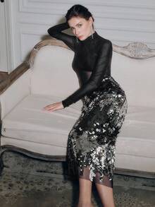 Anewsta Women's New Sequin & Beaded Elegant Ball Gown Skirt - Silver - View 3