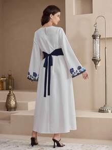 Al Najma Traditional Turkish/Arabic Style Long Tunic Dress For Women, Blue & White Printed Arabic Dress For Women Abaya For Women Dubai - Blue and White - View 7