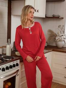 SHEIN Doze Lane Contrast Plaid Open Front Long Sleeve & Pants Women Pajama Set - Red - View 4