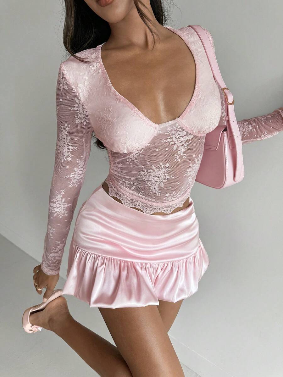 Aloruh Women's Elegant Sexy Romantic Lace Patchwork Tight Waist Top, Suitable For Valentine's Day, Dates, Outings, Gatherings, Spring/Summer