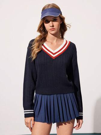 CourtClass Dam V-ringad kontrastfärgad stickad tröja i casual-modell