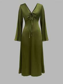 SHEIN 女士纯色扭结V领长袖连衣裙 - 墨綠色 - 查看 3