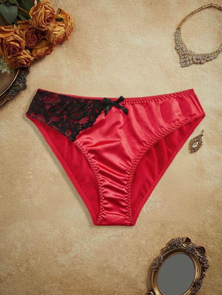 PinupPomp Contrast Color, Asymmetric, Floral Lace, Lace Patchwork, Satin, Bow Tie, Romantic, Comfortable, French Style Women's Panties - Red - View 1