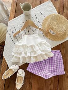 Conjunto de top de tirantes con volantes y shorts a cuadros para niña, estilo lindo y de vacaciones de verano - Morado - Ver 8
