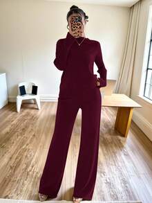 Firerie 优雅休闲燕麦色和卡其色高领宽松针织衫和直筒裤两件套，秋冬季保暖舒适。 - 酒紅色 - 查看 7