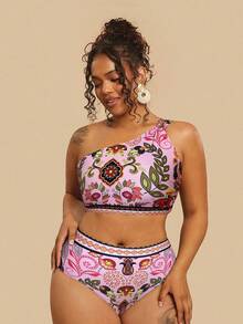 Travachic 大码热带印花镂空露背比基尼套装，休闲海滩度假夏季 - 粉色 - 查看 3