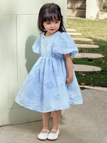 Young Girl's Elegant Pink Bow Decor Dress, Hollow Out Embroidery 3D Effect Dress, Spring/Summer - Blue - View 2