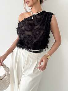 Rafferiza 女士不对称肩部无袖时尚上衣，提花面料衬衫，夏季上衣，夏季度假装，女士夏季服装，女士春季服装，嘉年华女士造型，女士沙滩装，女士优雅衬衫，女士休闲上衣，黑色上衣，黑色衬衫，女士度假装，夏季度假装，女士沙滩度假装，女士度假装，日常通勤，浪漫约会，新年假期时尚休闲通勤装，商务办公装，百搭时尚日常休闲装，都市教师职业装 - 黑色 - 查看 3