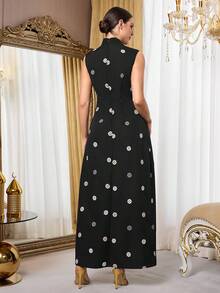 Al Najma Women's Mandarin Collar Sleeveless Hollow Out Waist Arabic Style Dress Abayas Dubai Luxury Arabic Dress Moftif Dresses For Women Black Dress Women Najma Dress Summer Dress - Black - View 2