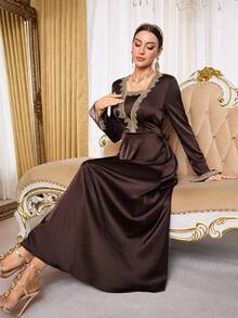 Al Najma Women's Elegant Waist Tie Arabic Style Dress - Brown - View 7
