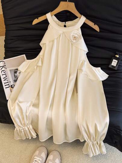 GlowEve CURVE Plus Size Women's Solid Color Patchwork Ruffle Trim Off-Shoulder Flare Sleeve Blouse