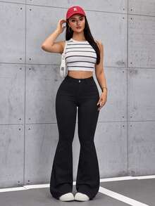 SHEIN Tall Women's Fashion Casual Flare Jeans - Black - View 3