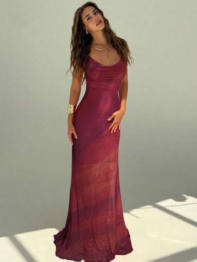 Aloruh New Vacation Style Rainbow Ombre Mesh Print Romantic Backless Maxi Bohemian Dress