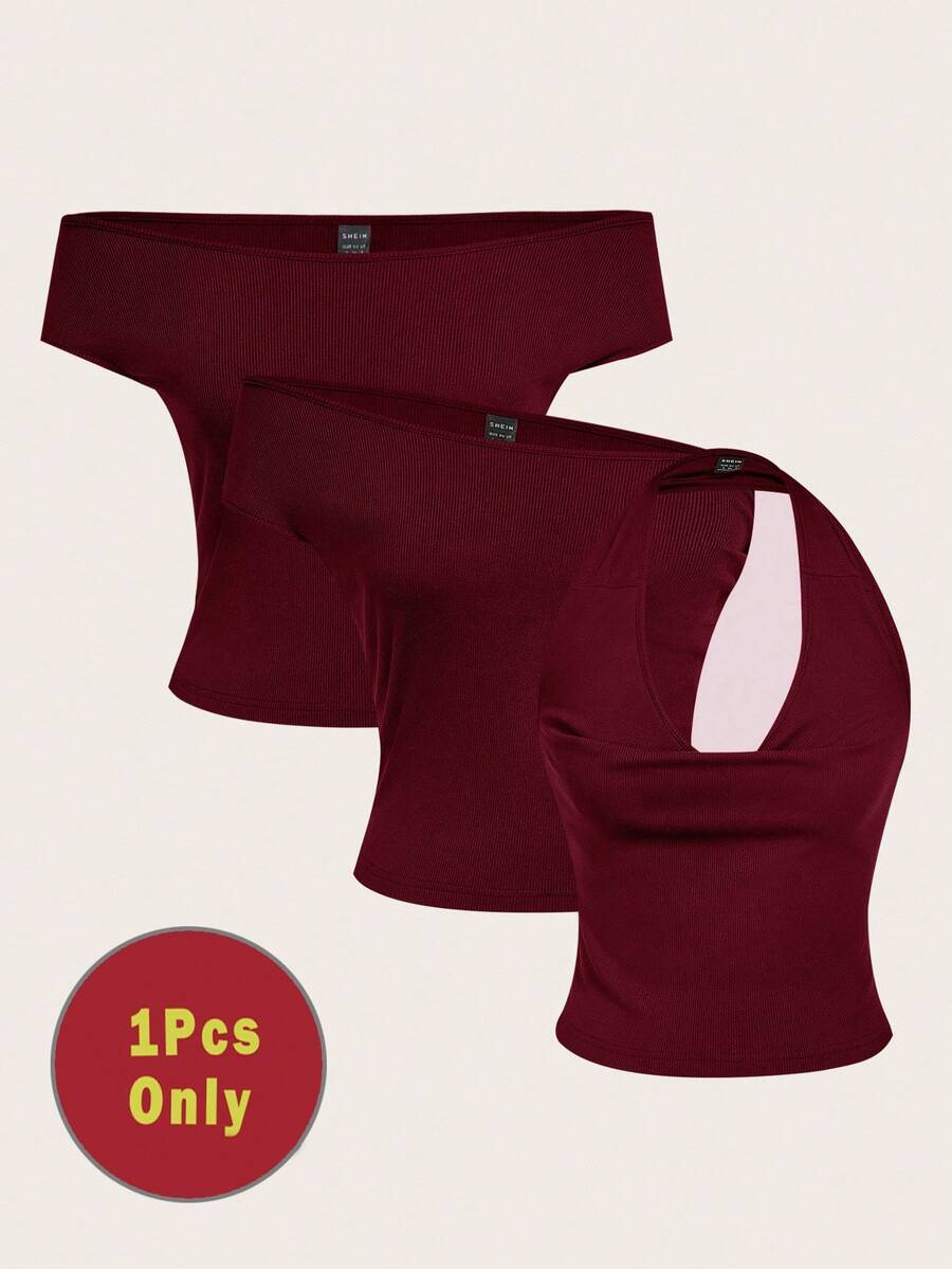 SHEIN EZwear 三合一酒红色女士休闲性感紧身上衣套装，日常百搭 - 酒紅色 - 查看 1
