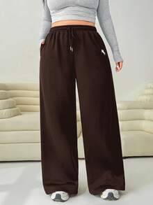 Solflare Plus Size Women's Brown Knight Pattern Drawstring Waist Loose Casual Sweatpants - Brown - View 2