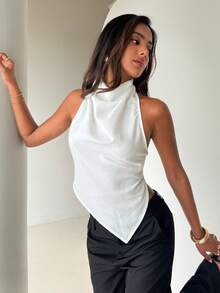 Aloruh Women's Solid White High Neck Backless Tie-Up Asymmetric Design Blouse - White - View 5