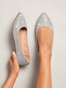 SHUZIA Giày bệt mũi nhọn đính pha lê lấp lánh màu bạc dành cho nữ – Lộng lẫy, thanh lịch và phù hợp cho đám cưới. - Bạc - Xem 3