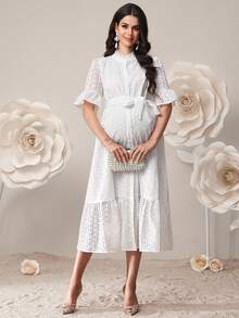 SHEIN White Solid Color Openwork Embroidered Front Button, Waist Tie, A-Line Maternity Dress, Summer Elegant. - White - View 4