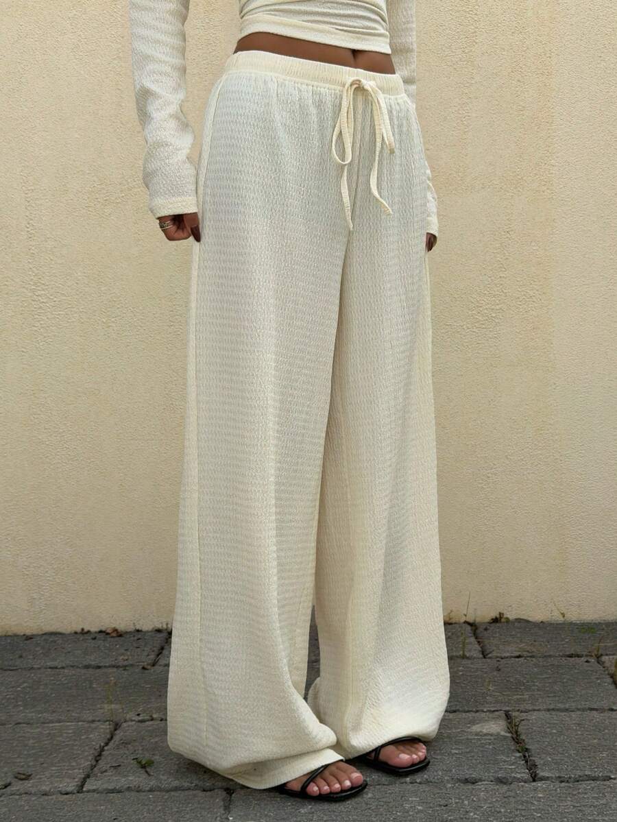 Muchica Women's Casual Apricot Knit Tie-Waist Wide Leg Pants - Apricot - View 1