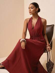 Zivah Spring 2025 New Arrivals Easter Birthday Parties Dates Everyday Outings Basic Versatile Casual Vacation Cruise Travel Beach Hits Street Style Bohemian Chic Commuter Wear Commute Leisure Refined Elegance Street Commuter Pleated Backless Ribbon Detail V-Neck Sleeveless With Waist Gathering Back Neck Halter Ribbon Elastic Waistband A-Line Dress Halter Neck Dresses For Women Burgundy Dress Elegant Women Long Dress Summer Long Dress Casual - Brown - View 7