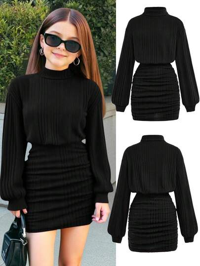 Firerie Kids Firerie Kids 少女罗纹针织高领宽松腰部修身臀部褶皱连衣裙，休闲优雅复古百搭叠穿长袖短款连衣裙，适合圣诞派对、冬季穿着