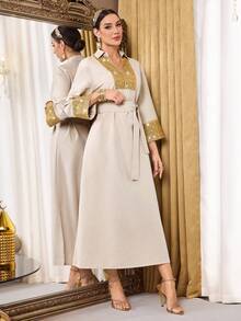 Al Najma Women's Elegant Arabic Style Dress With Collar, Sequin Trim, Waist Tie Detail Kaftan Jalabiya Dress - Apricot - View 7
