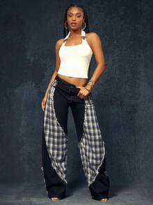 Denimoi Plaid Contrast Baggy Barrel Jeans Boyfriend Jeans Fashionable Streetwear Statement Jeans - Dark Wash - View 6