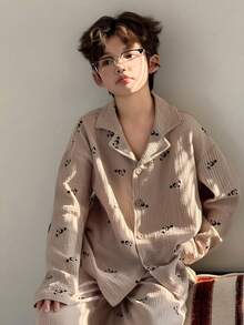DAZY Tween Boy All-Over Print Button-Front Long Sleeve Top And Pants Pajama Set