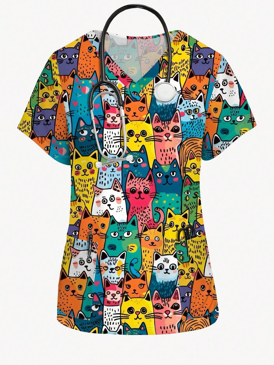 PopScrub Colorful Kitten Cartoon Print V-Neck Short Sleeve Women's /Nursing Uniform Top, Spring/Summer - Multicolor - View 1