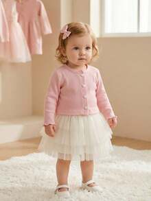 SHEIN Baby Girl Cute Pink Faux Fur Fabric Round Neck Long Sleeve 3-Layer Tulle Cake Dress Set, Versatile For Autumn/Winter - Pink - View 2