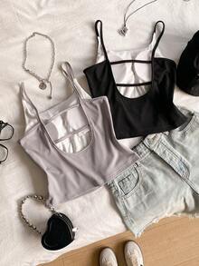 两件套少女黑色和灰色罗纹吊带背心，柔软修身款式，适合日常叠穿和基础款搭配 - 彩色 - 查看 6