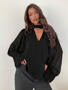 Aloruh Women's Elegant Commuter Chiffon Deep V-Neck Tie Long Sleeve Blouse