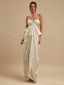 SHEIN BAE 杏色缎面露背吊带镂空连衣裙，优雅连衣裙，度假沙滩长裙，早午餐连衣裙，婚礼宾客礼服，时尚连衣裙，夏季女装，复古风 - 杏色 - 查看 5