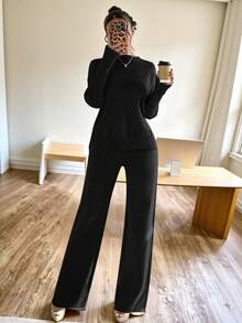 Firerie 女士黑色休闲纯色罗纹圆领长袖毛衣和超长裤套装 - 黑色 - 查看 2