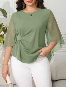 Reflora Plus Size Women's Elegant Chiffon Ruffle Sleeve Slim Fit Blouse, Spring/Summer Fall - Green - View 3
