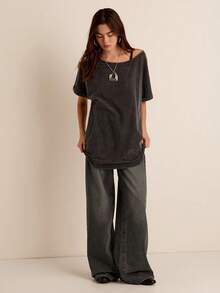 Easelle Váy thun cổ điển rộng rãi, vai lệch, phong cách lễ hội âm nhạc phương Tây, mùa hè - màu đen - Xem 3