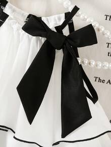 SHEIN Cute Baby Girl Elegant Black And White Summer Party Dress,One-Piece French-Style Organza Frilly Layered Dress With Large Butterfly Bow For Toddlers - White - View 3