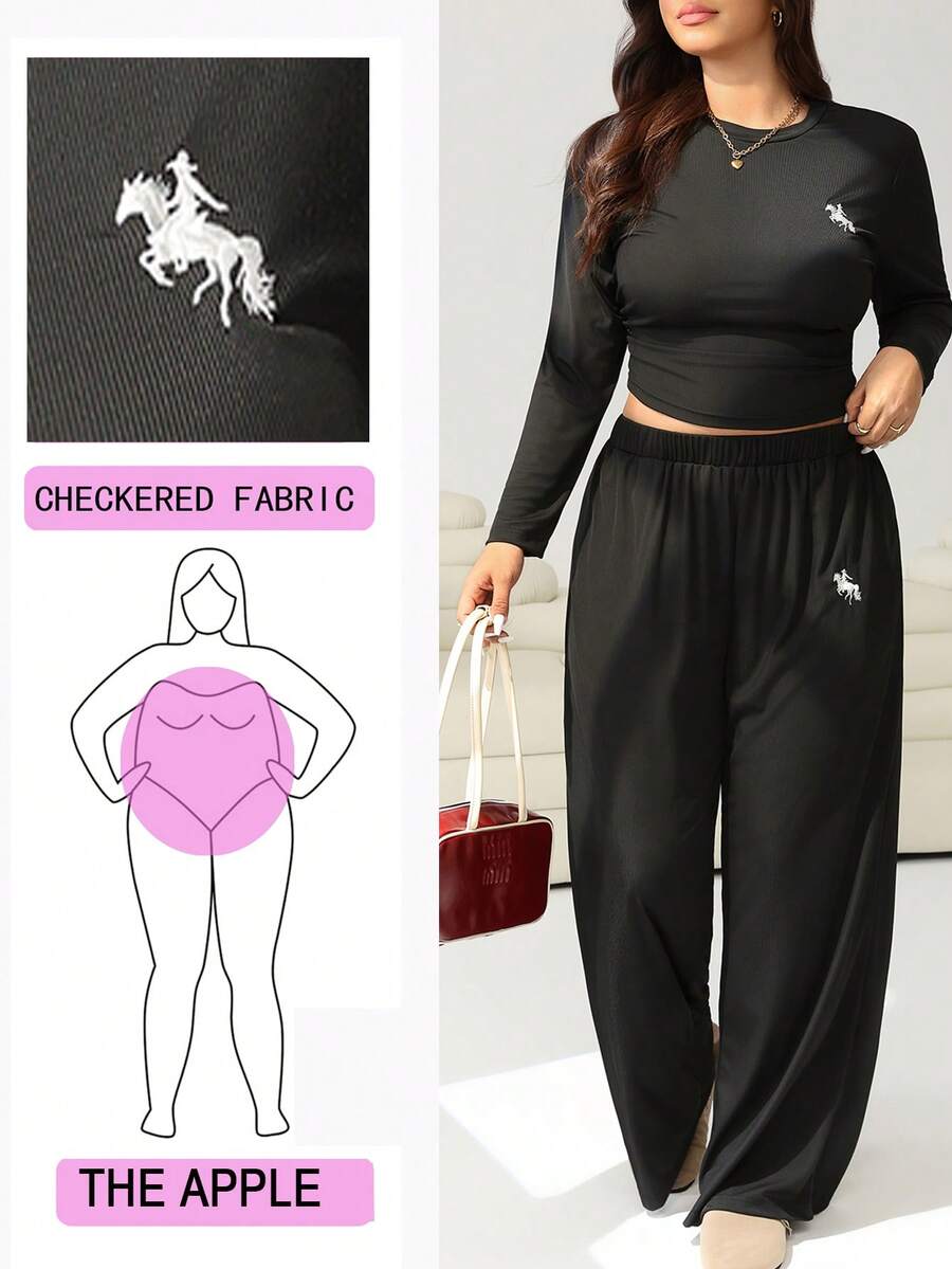SHEIN EZwear Plus Size Casual Short Long Sleeve Top And Loose Pants 2 Pieces Set - Black - View 1
