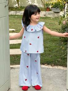 Young Girl Casual Strawberry Print Tie Bow Ruffle Hem Sleeveless Top And Pants Set, Comfortable & Minimalist - Blue - View 5