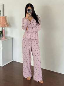 DAZY 两件套女士针织蝴蝶结印花宽松开衫长袖和裤子睡衣套装 - 粉色 - 查看 5