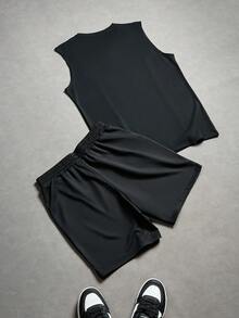 Aesthetic Post Men's Casual Daily Commute Fashion Street Letter Print Contrast Stitch Tank Top And Drawstring Waist Shorts Set, Summer - Black - View 2