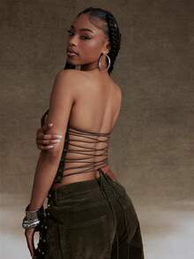 Denimoi Top corset con espalda abierta y cordones de terciopelo y denim, top sexy para conciertos y moda callejera - Verde militar - Ver 3