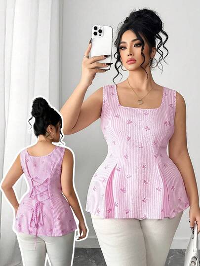 Elenzga Plusstorlek Dam Rosa Hjärtformad Slips Utan Rygg Texturerat Tyg Rosetttryck Dekor Kontrastfärg Sött Hjärta Casual Spaghettiband Smal Linne, Lämplig För Semester, Strand, Fest, Arbete, Elegant Utflykt, Casual Hemklädsel, Lämplig För Tillbaka Till Skolan, Examen, Alla Hjärtans Dag, Musikfestival, Mors Dag, Halloween, Thanksgiving, Påsk, Nationaldag, Bal, Dejtfest, Bröllopssäsong, Utomhusutflykt