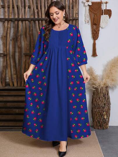 SHEIN Najma Plusstorlek damklänning med blommigt och botaniskt tryck, rynkad midja och utsvängd fåll, vårklänning med långa ärmar och rund halsringning