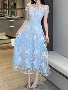 DAZY Women's Floral Pattern Sheer Elegant Dress Vacation