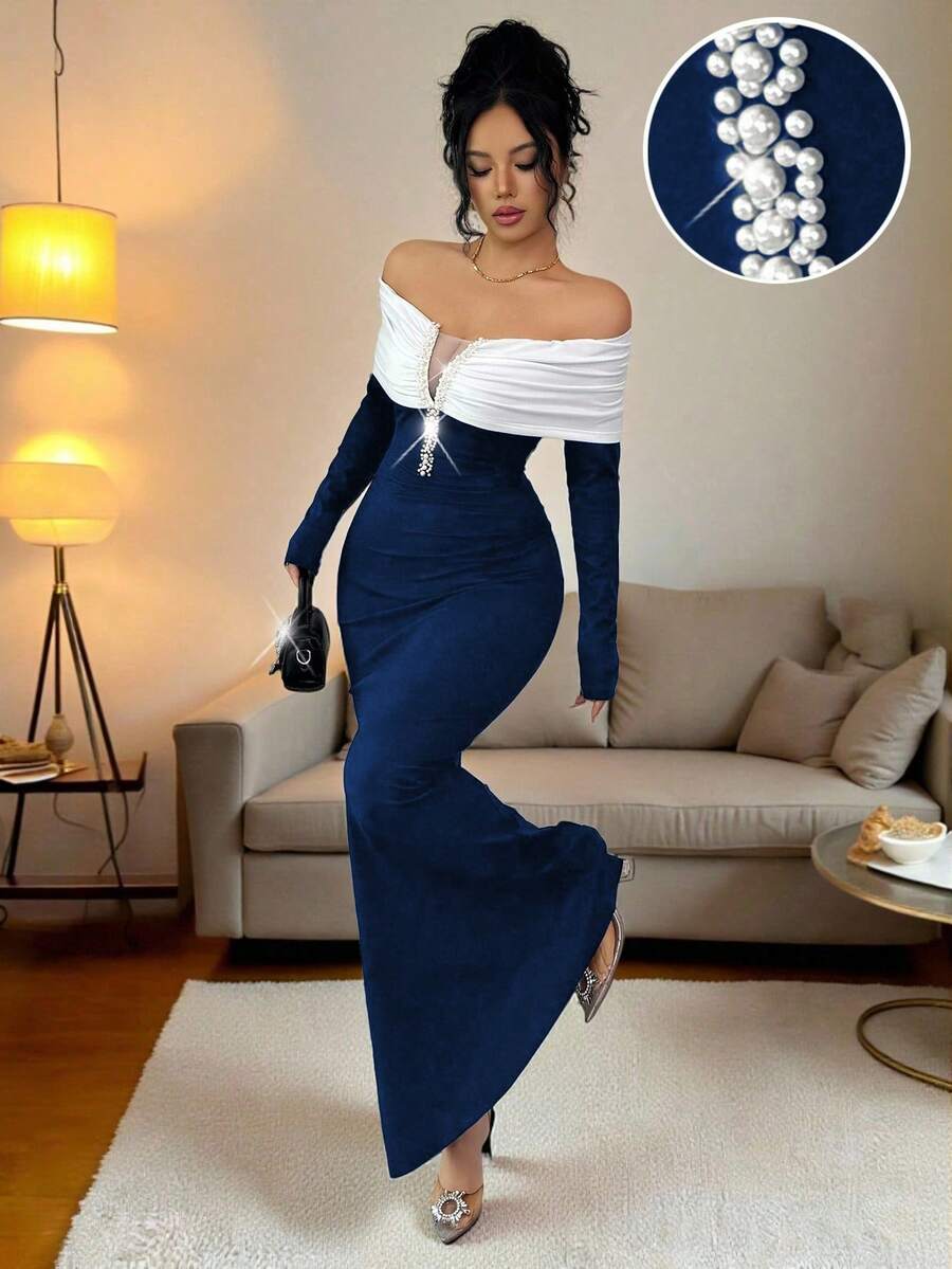 SHEIN Elenzya 女士优雅黑色露肩珍珠装饰连衣裙,适合日常穿着、婚礼、晚宴、通勤、毕业典礼、节日、约会、派对、万圣节、圣诞节、新年、感恩节等场合。 - 藏蓝色 - 查看 1